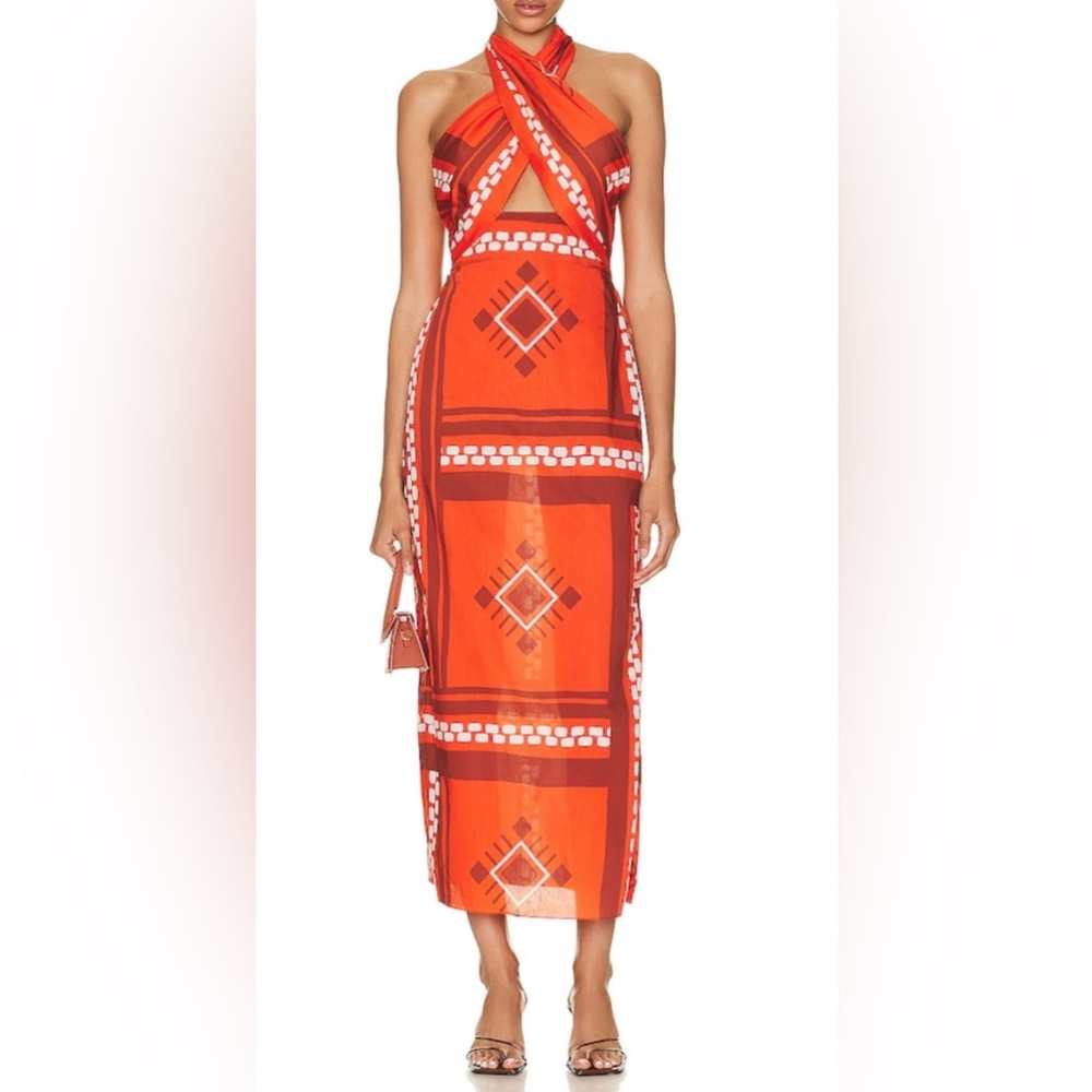 Johanna Ortiz Quipu Knots ankle dress red orange cotton halter coverup size 10